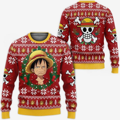 DivesArt - Luffy Ugly Christmas Sweater och Hoodie Rolig Face One Piece Anime Xmas
