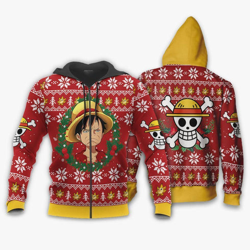 DivesArt - Luffy Ugly Christmas Sweater och Hoodie Rolig Face One Piece Anime Xmas