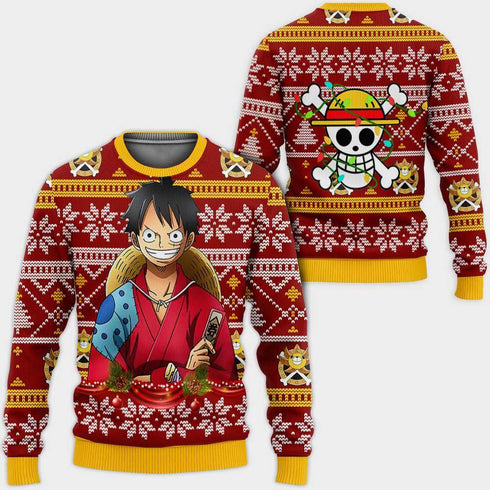 DiveSart - Luffy Ugly Christmas Pull and Hoodie Custom Wano One Piece Anime Otmas Cadeaux