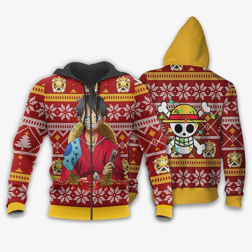 DiveSart - Luffy Ugly Christmas Pull and Hoodie Custom Wano One Piece Anime Otmas Cadeaux