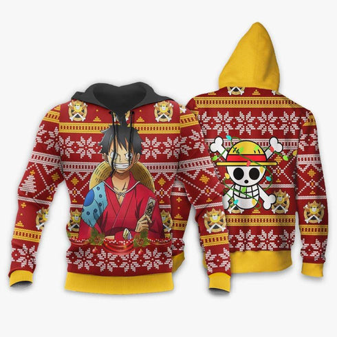 DiveSart - Luffy Ugly Christmas Pull and Hoodie Custom Wano One Piece Anime Otmas Cadeaux