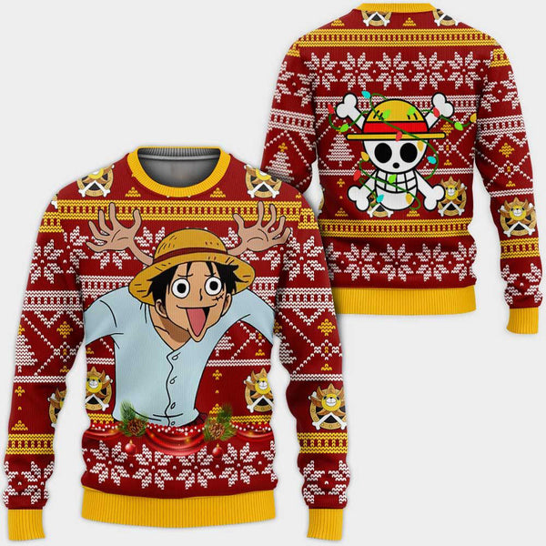 DivesArt - Reindeer Luffy Ugly Christmas Sweater och Hoodie Custom One Piece Anime Xmas Presenter