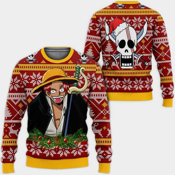 DiveSart - Rouge Shanks Ugly Christmas Pull et Hoodie Custom One Piece Anime Oxmas Cadeaux