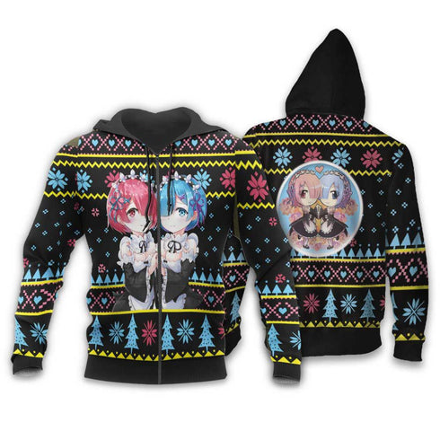 Divesart - Re Zero Rem Ram Brutto maglione di Natale e felpa con cappuccio Regali di Natale personalizzati per anime