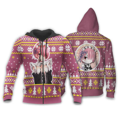 Divesart - Re Zero Ram Brutto maglione di Natale e felpa con cappuccio Regali di Natale personalizzati per anime