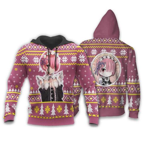 Divesart - Re Zero Ram Brutto maglione di Natale e felpa con cappuccio Regali di Natale personalizzati per anime